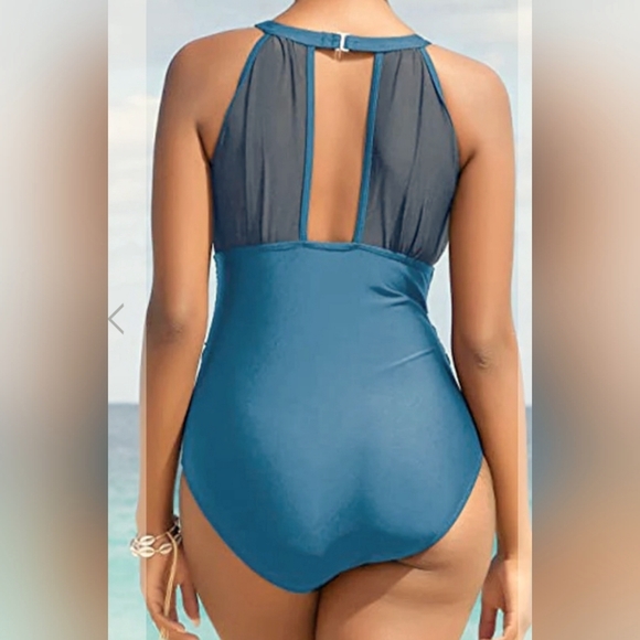 Women's Mesh V-Neck Blue Maternity or Bigger Mid Section Monokini - Picture 2 of 3